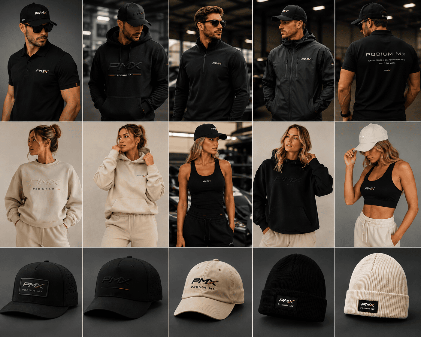 High-performance black and beige branded caps and stylish athletic apparel for active lifestyles.