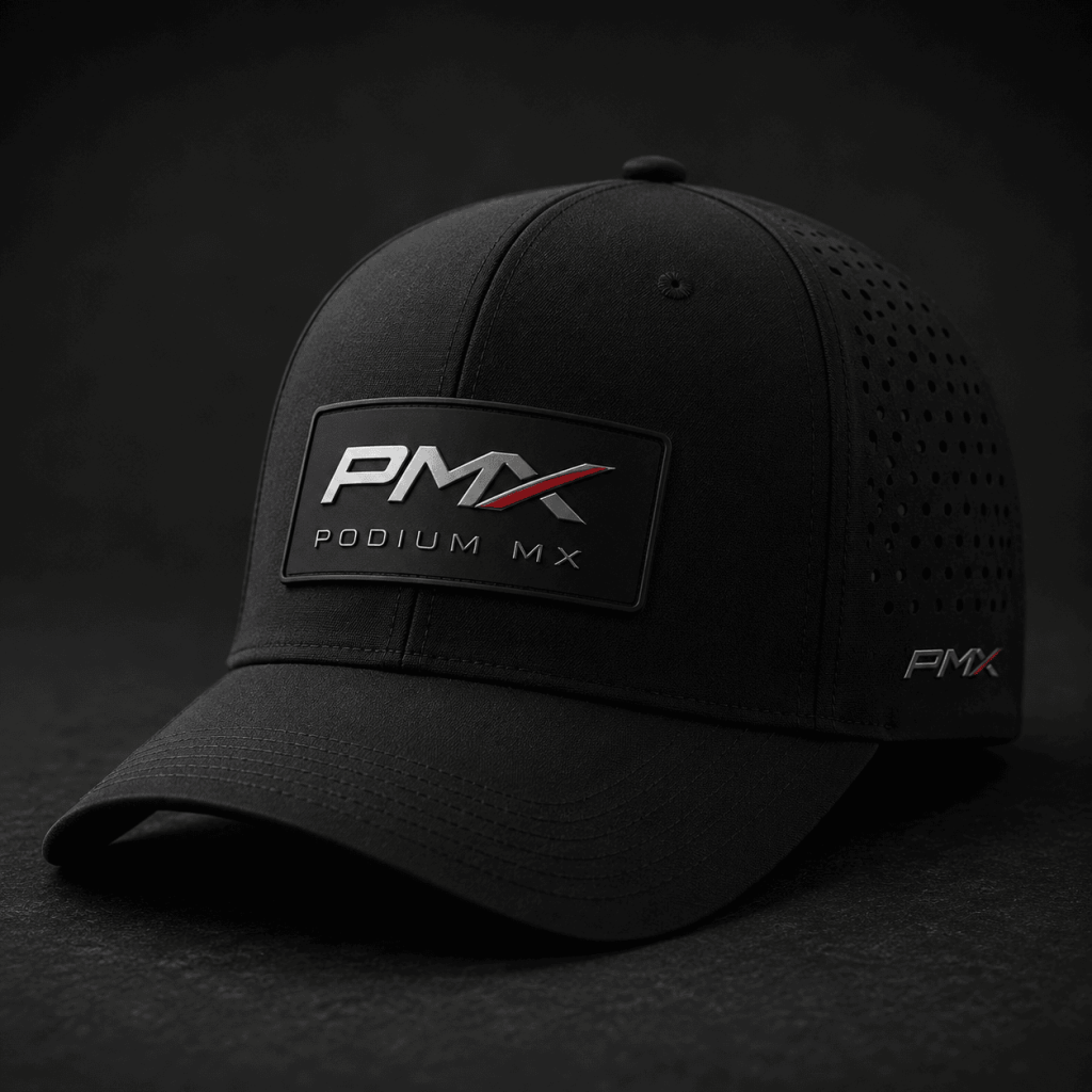 PMX Podium MX black baseball cap with logo, ideal for motocross fans and riders.
