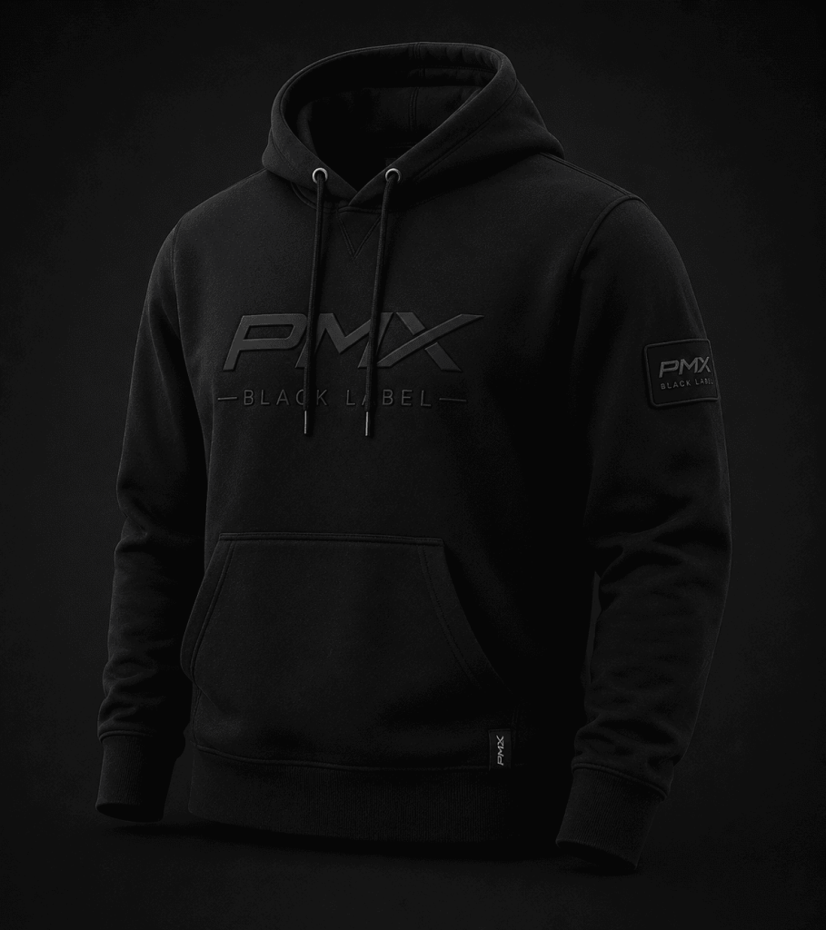 Black PMX hoodie with logo, ideal for motorcycle enthusiasts and casual wear.